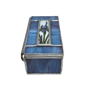 Sullo Studio Stained Glass Box Iris Reverse Painted Flower Blue Trinket 3 x 1.5"